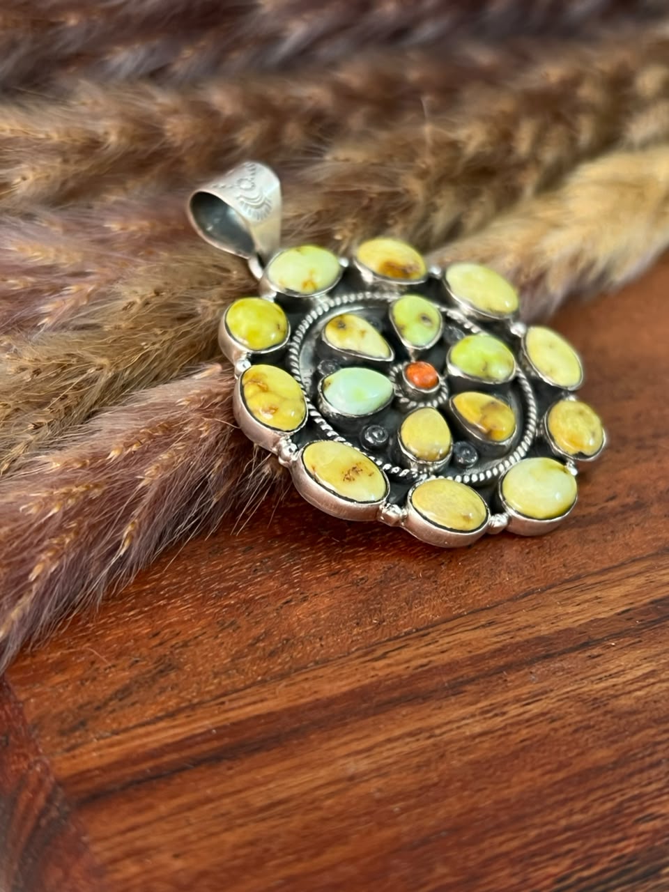 Handmade Sterling Silver Palomino Turquoise with Orange Mojave Pendant Signed Nizhoni