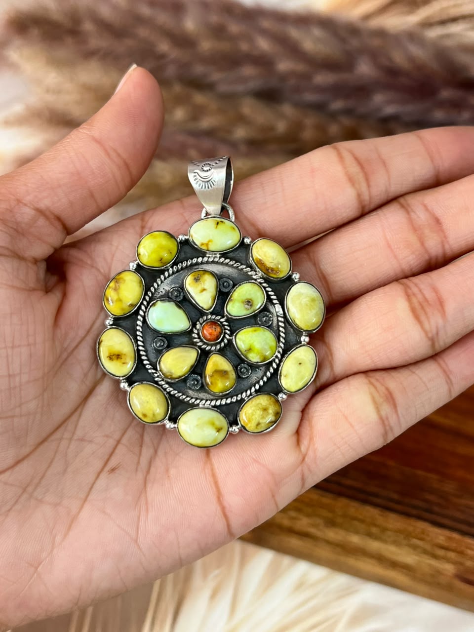 Handmade Sterling Silver Palomino Turquoise with Orange Mojave Pendant Signed Nizhoni