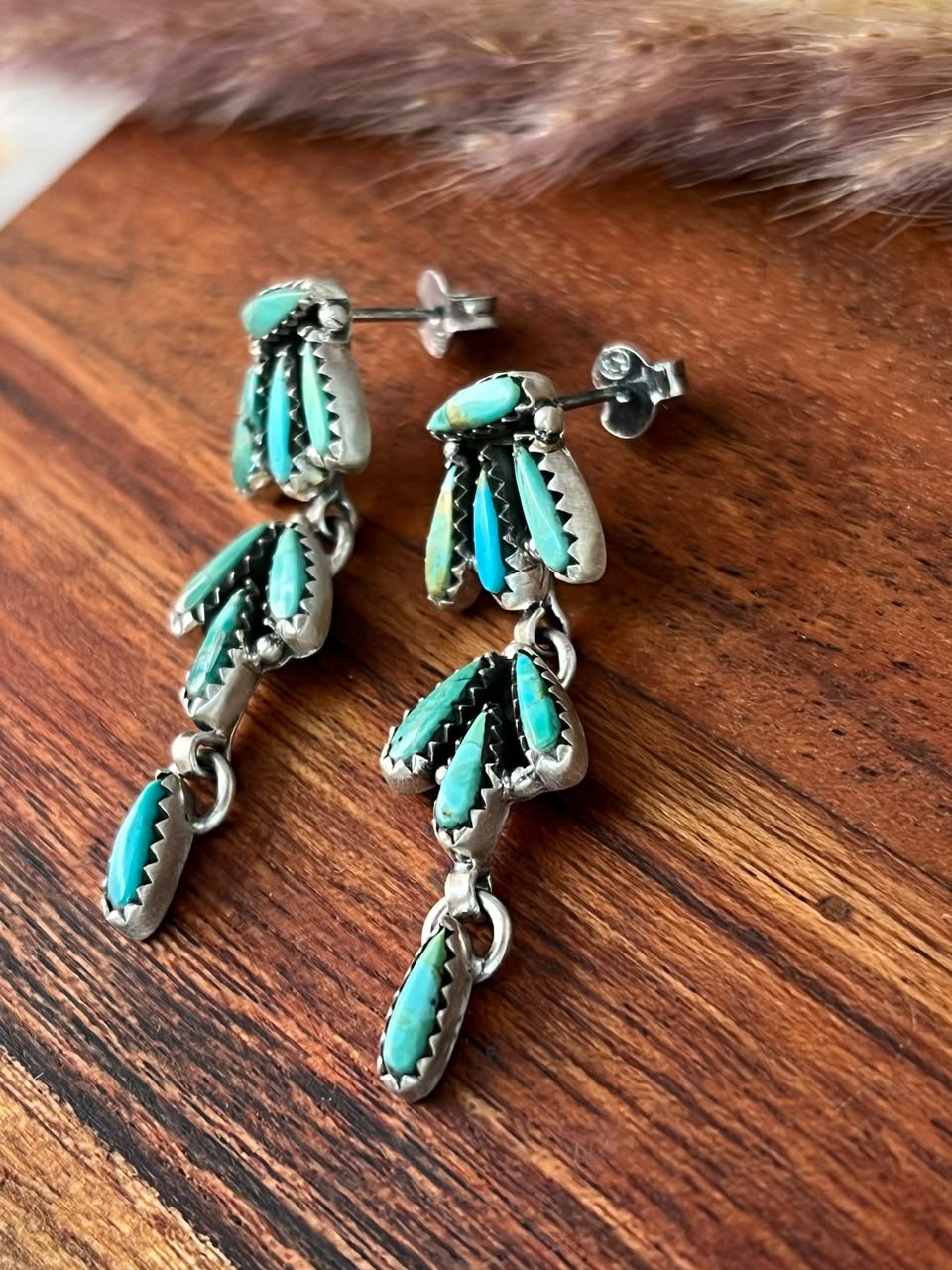 Handmade Sterling Silver Kingman Turquoise Post Dangle Earrings Signed Nizhoni