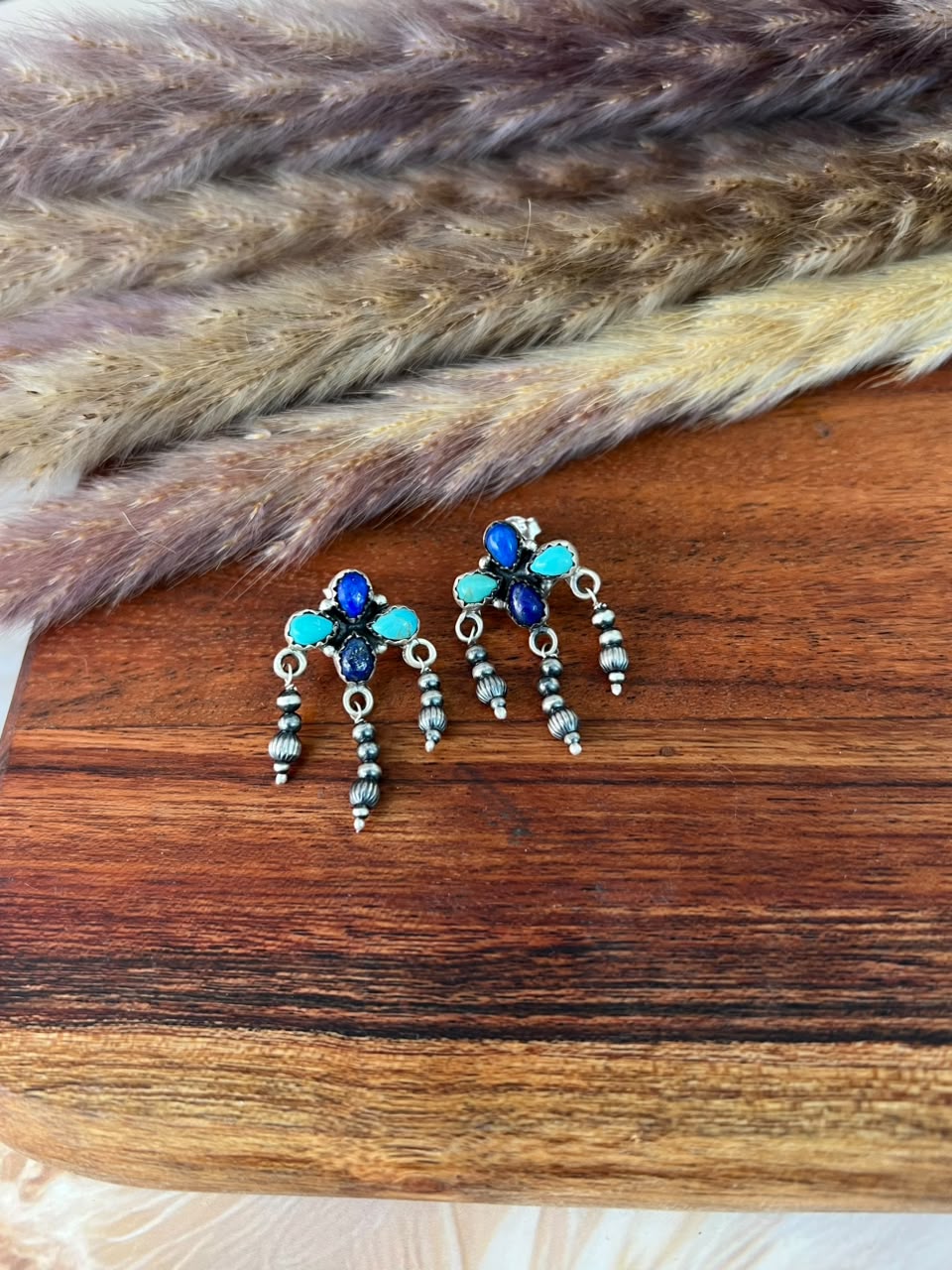 Handmade Sterling Silver Kingman Turquoise and Lapis Post Dangle Beaded Earrings Signed Nizhoni