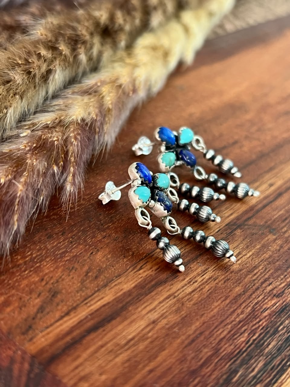 Handmade Sterling Silver Kingman Turquoise and Lapis Post Dangle Beaded Earrings Signed Nizhoni