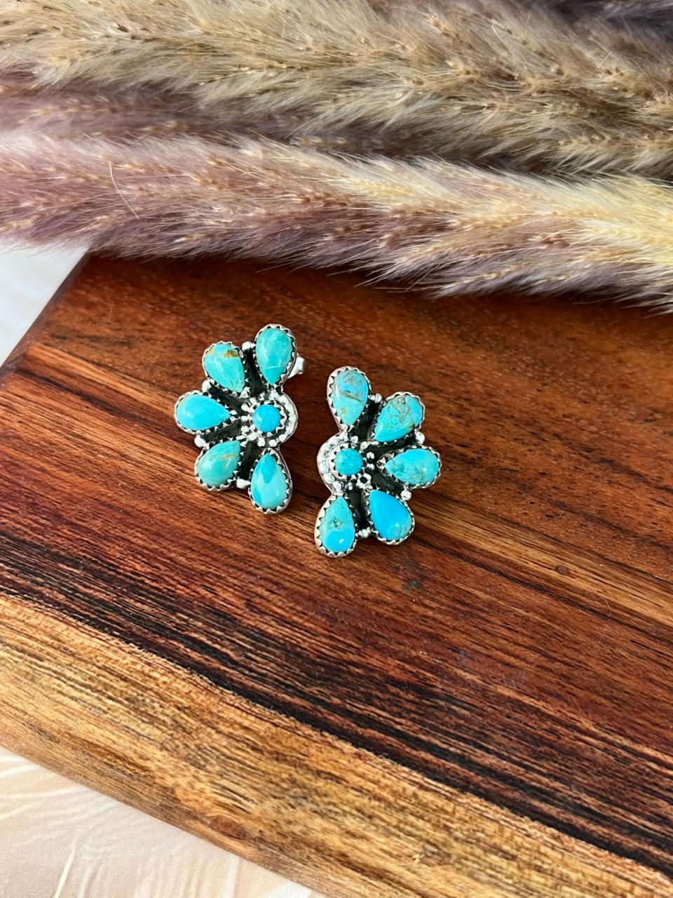 Handmade Sterling Silver Kingman Turquoise Post Studs Earrings Signed Nizhoni