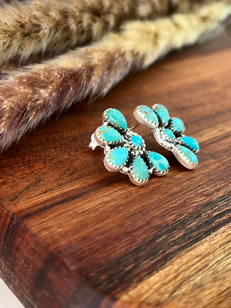 Handmade Sterling Silver Kingman Turquoise Post Studs Earrings Signed Nizhoni