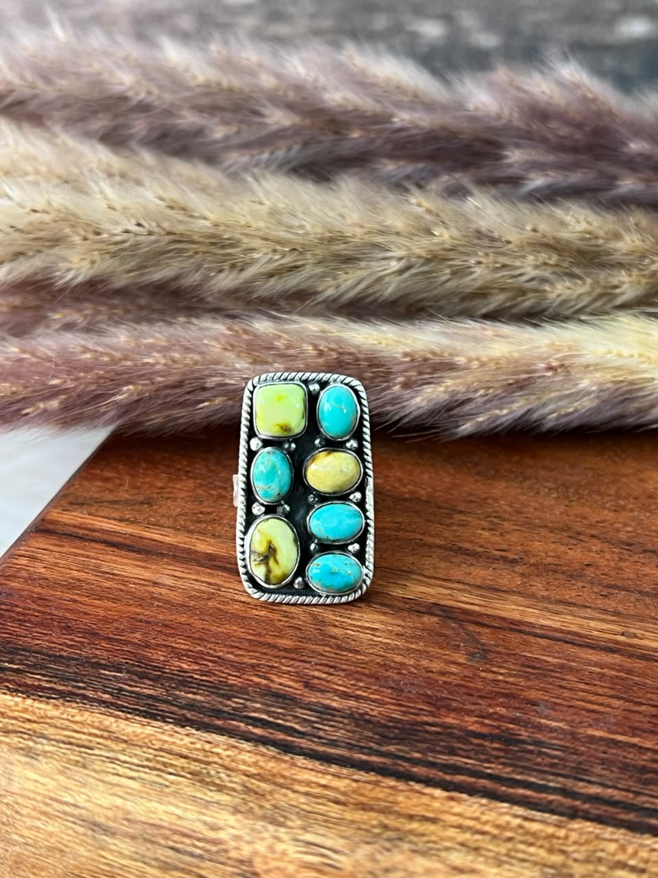 Handmade Sterling Silver Kingman with Palomino Turquoise Bar Adjustable Ring Signed Nizhoni