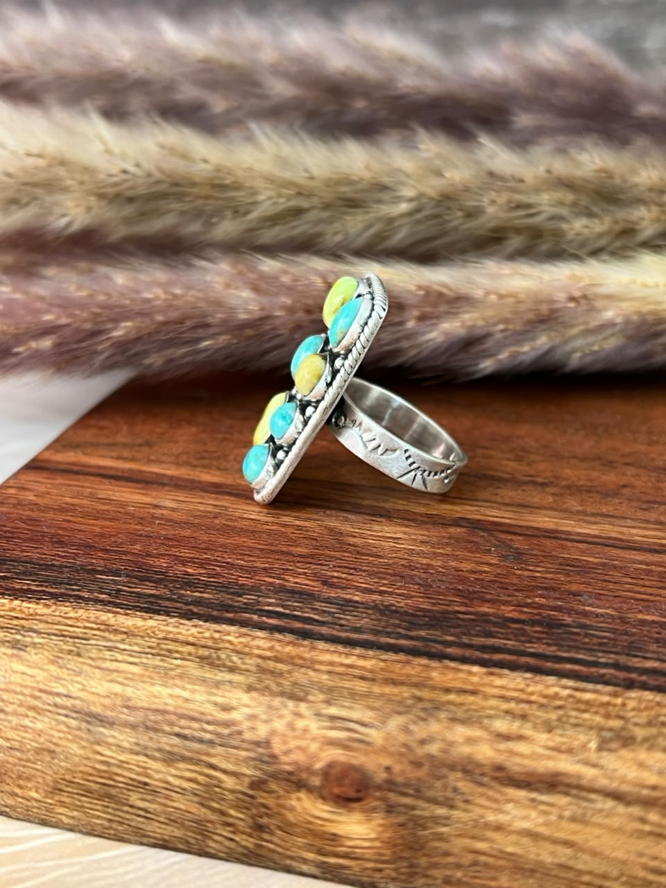 Handmade Sterling Silver Kingman with Palomino Turquoise Bar Adjustable Ring Signed Nizhoni