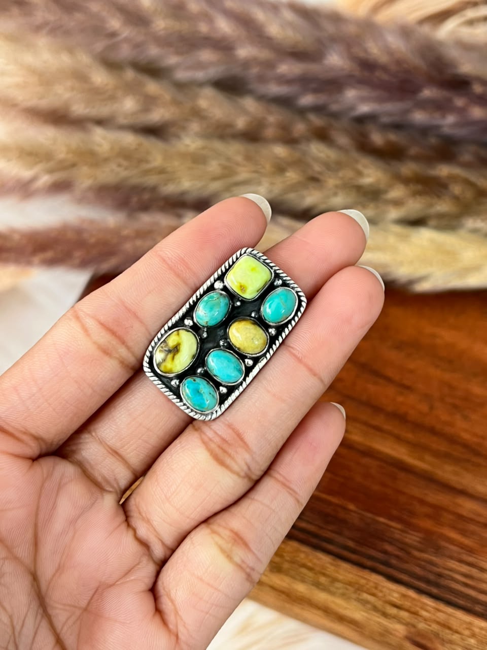 Handmade Sterling Silver Kingman with Palomino Turquoise Bar Adjustable Ring Signed Nizhoni