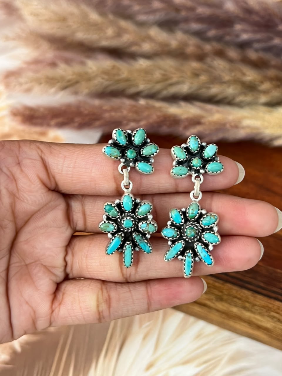 Handmade Sterling Silver Kingman Turquoise Post Dangle Earrings Signed Nizhoni