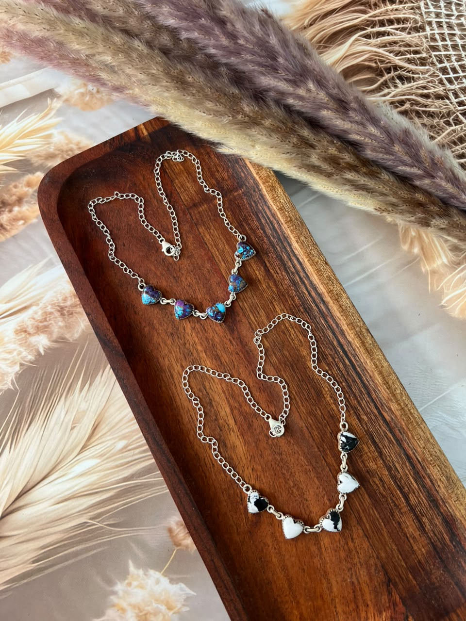 Handmade Sterling Silver Purple Dream Mojave and White Buffalo Choker Heart Necklace Signed Nizhoni