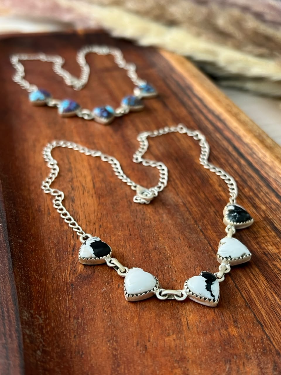 Handmade Sterling Silver Purple Dream Mojave and White Buffalo Choker Heart Necklace Signed Nizhoni