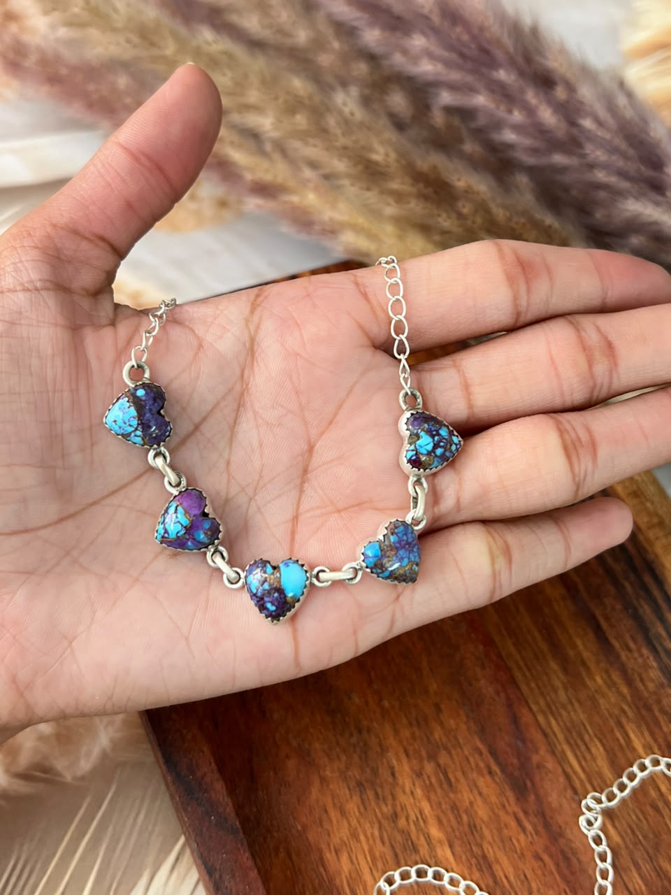 Handmade Sterling Silver Purple Dream Mojave and White Buffalo Choker Heart Necklace Signed Nizhoni