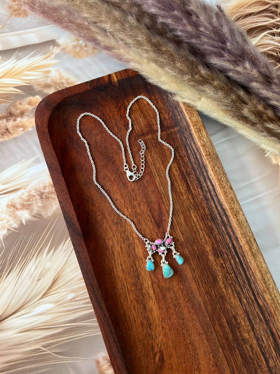 Handmade Sterling Silver White Water Turquoise with Cotton Candy Necklace Signed Nizhoni