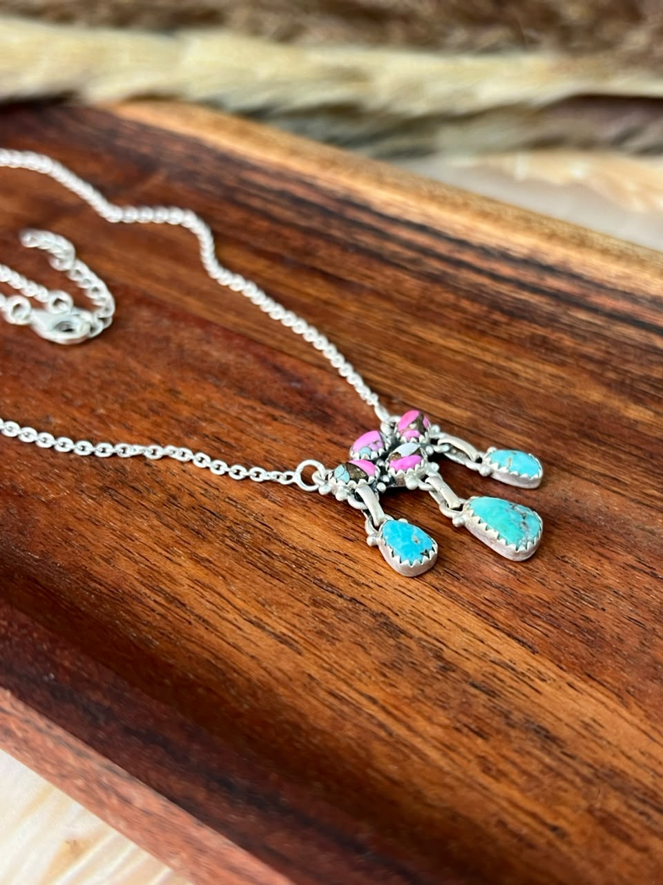 Handmade Sterling Silver White Water Turquoise with Cotton Candy Necklace Signed Nizhoni