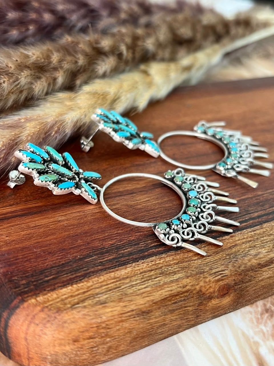Handmade Sterling Silver Kingman Turquoise Post Dangle Earrings Signed Nizhoni
