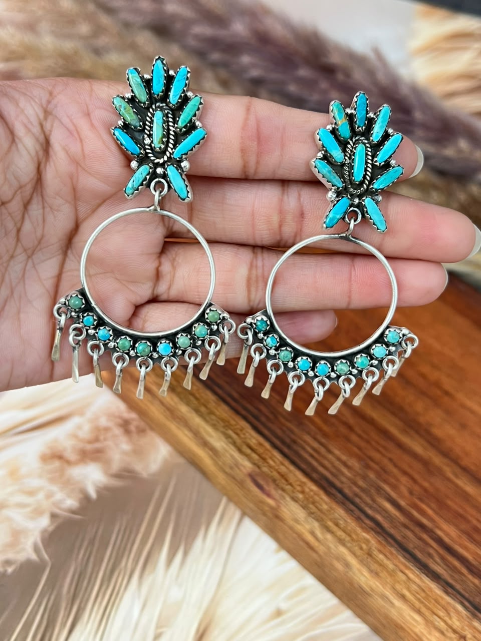Handmade Sterling Silver Kingman Turquoise Post Dangle Earrings Signed Nizhoni