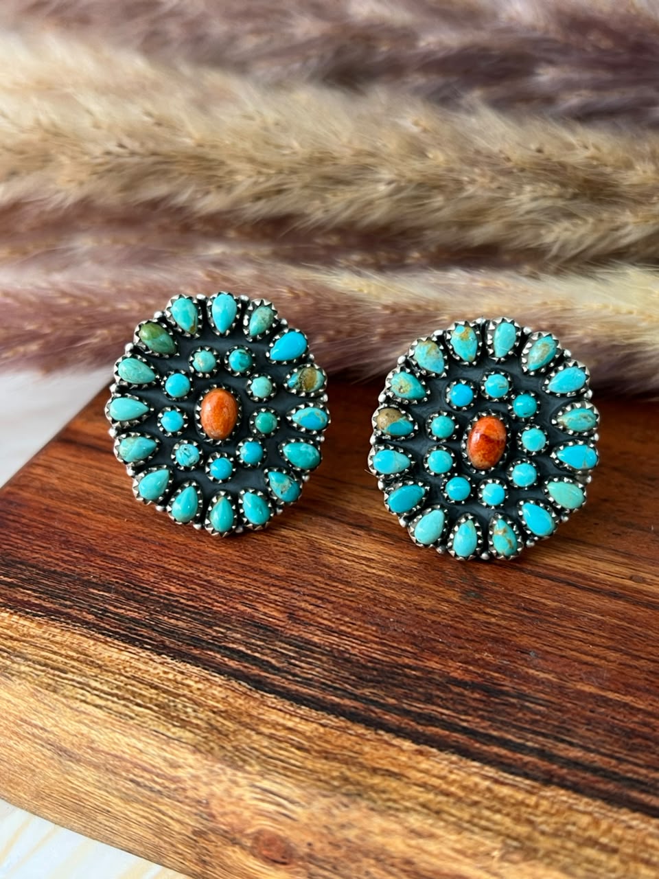 Handmade Sterling Silver Kingman Turquoise with Orange Mojave Adjustable Ring Signed Nizhoni