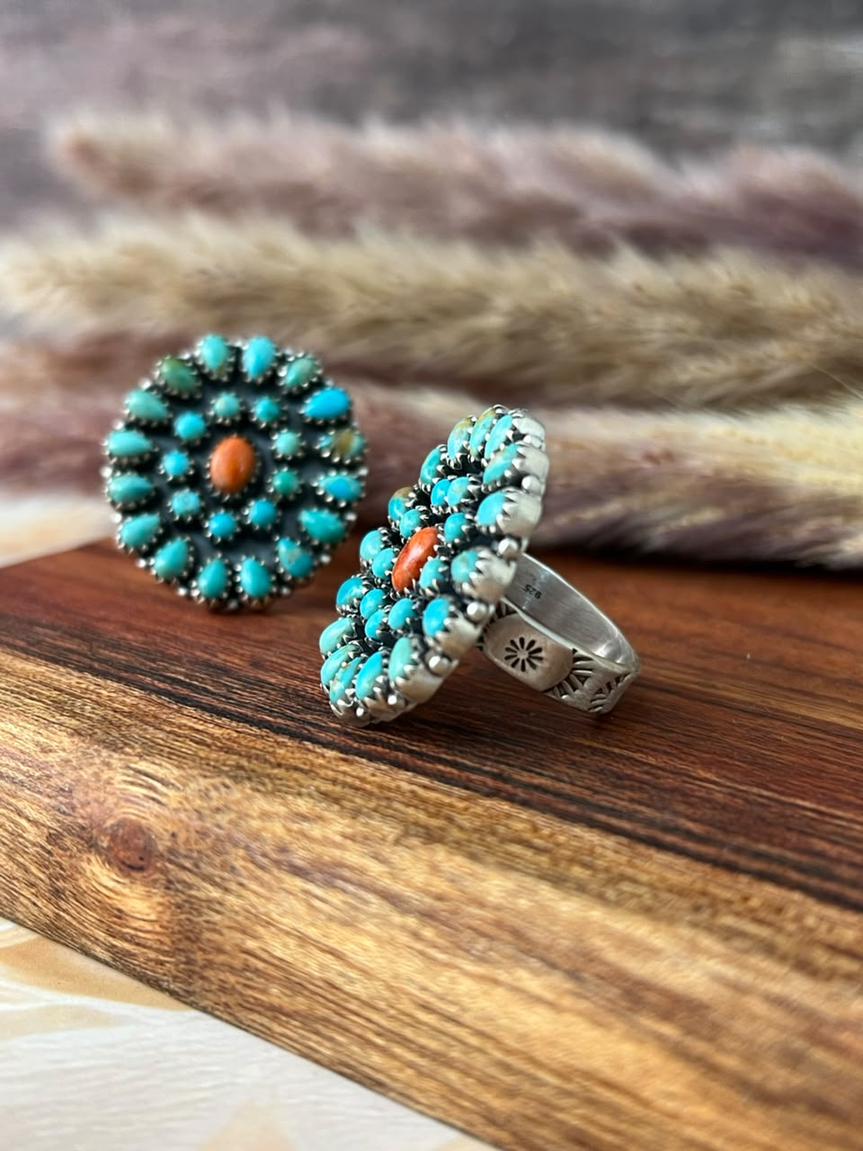 Handmade Sterling Silver Kingman Turquoise with Orange Mojave Adjustable Ring Signed Nizhoni