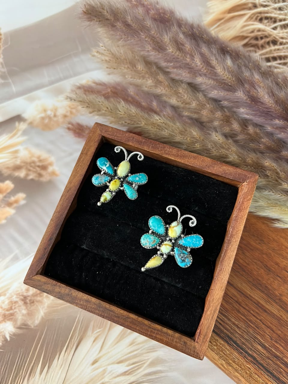 Handmade Sterling Silver Palomino with White Water Turquoise Butterfly Adjustable Ring Signed Nizhoni