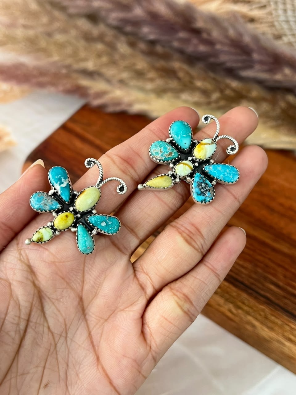 Handmade Sterling Silver Palomino with White Water Turquoise Butterfly Adjustable Ring Signed Nizhoni