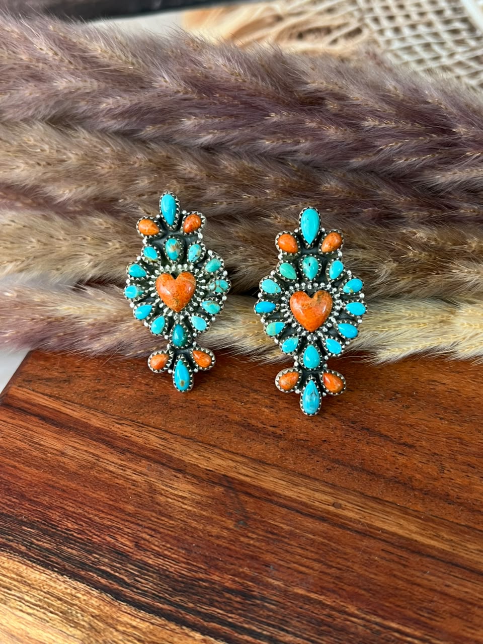 Handmade Sterling Silver Kingman Turquoise with Orange Mojave Adjustable Ring Signed Nizhoni