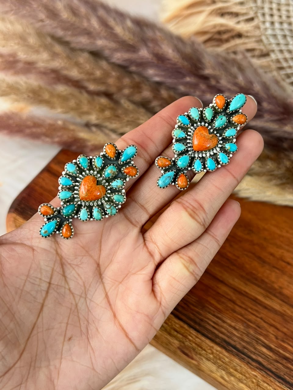 Handmade Sterling Silver Kingman Turquoise with Orange Mojave Adjustable Ring Signed Nizhoni