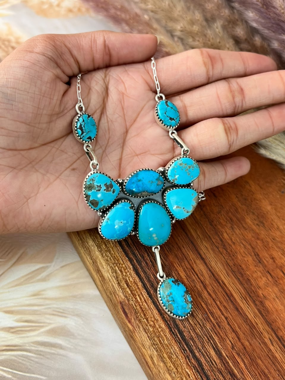Handmade Sterling Silver Blue Kingman Turquoise Necklace Signed Nizhoni (1)