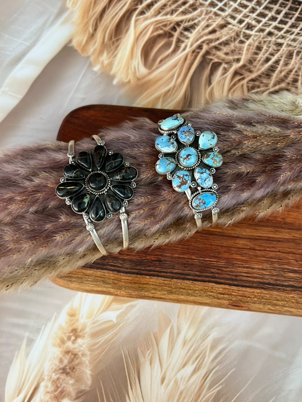 Handmade Sterling Silver Golden Hills and Blackjack Turquoise Cuff Bracelet Signed Nizhoni