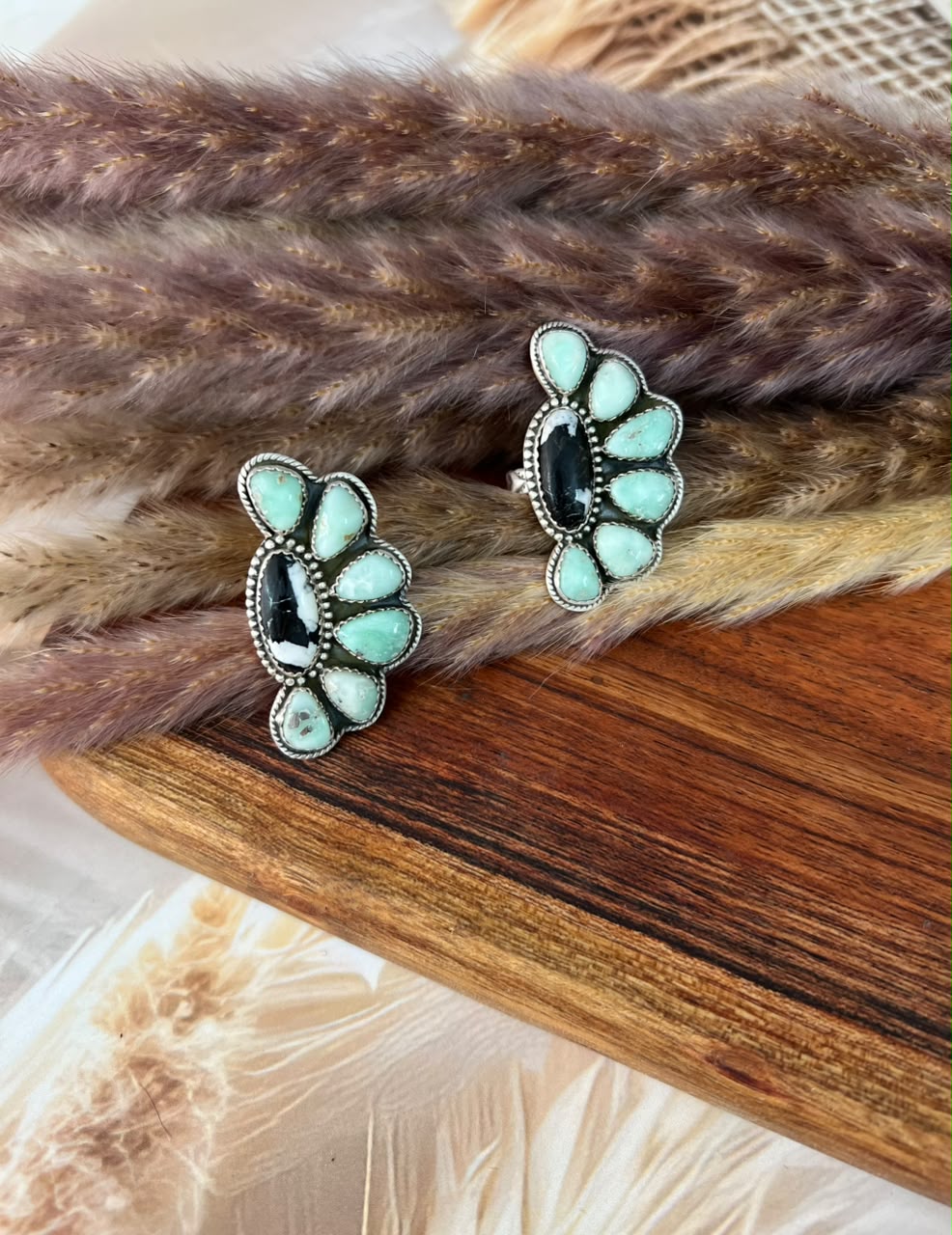 Handmade Sterling Silver Paloma Turquoise with White Buffalo Adjustable Ring Signed Nizhoni (8)