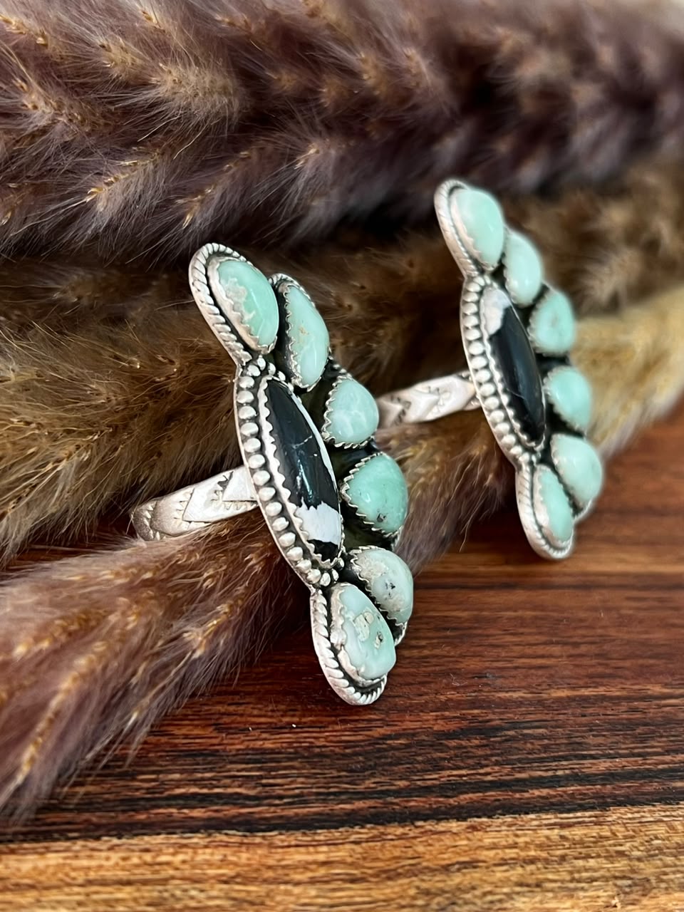Handmade Sterling Silver Paloma Turquoise with White Buffalo Adjustable Ring Signed Nizhoni (8)