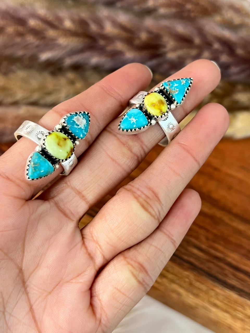 Handmade Sterling Silver Palomino with White Water Turquoise Adjustable Ring Signed Nizhoni