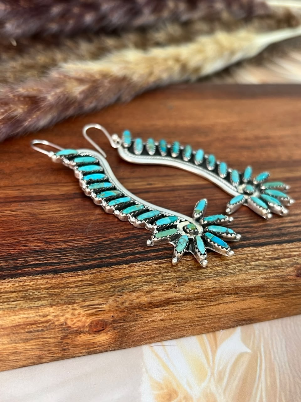 Handmade Sterling Silver Kingman Turquoise Hook Dangle Earrings Signed Nizhoni