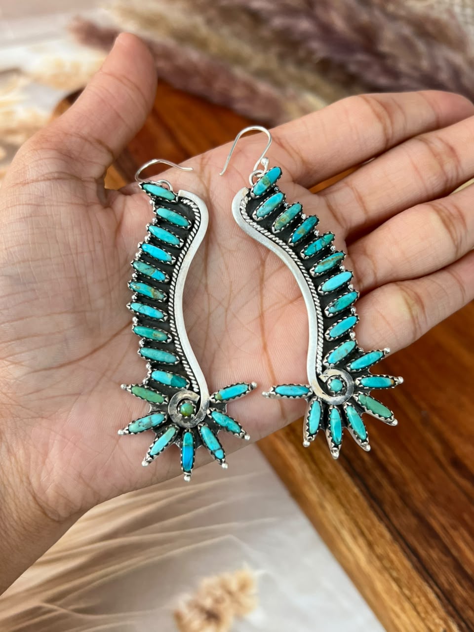 Handmade Sterling Silver Kingman Turquoise Hook Dangle Earrings Signed Nizhoni
