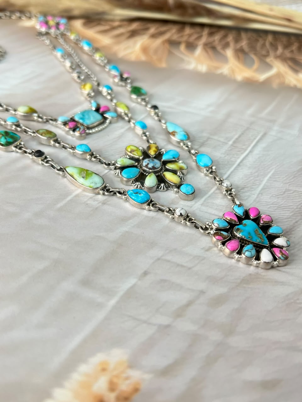 Handmade Sterling Silver White Water with Sierra Bella, Sonoran Mountain, Golden Hills, White Buffalo, Cotton Candy and Palomino Turquoise Layered Necklace Signed Nizhoni