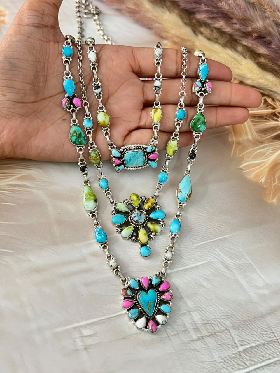 Handmade Sterling Silver White Water with Sierra Bella, Sonoran Mountain, Golden Hills, White Buffalo, Cotton Candy and Palomino Turquoise Layered Necklace Signed Nizhoni