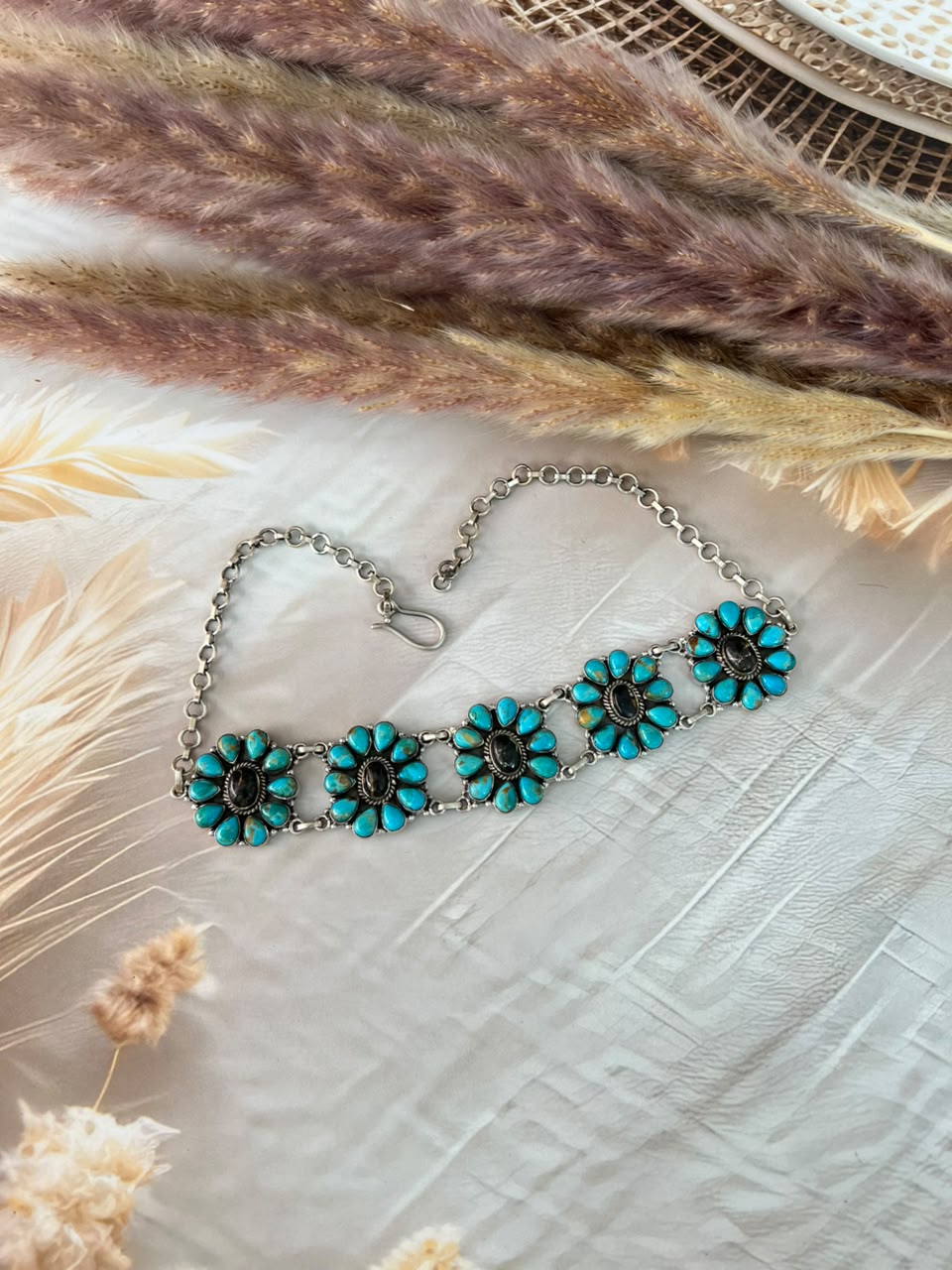Handmade Sterling Silver Blackjack with Kingman Turquoise Choker Necklace Signed Nizhoni