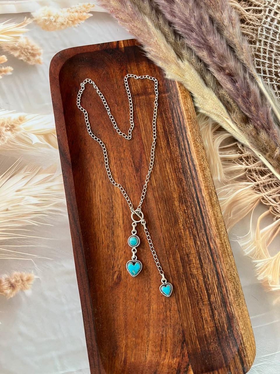 Handmade Sterling Silver Kingman Turquoise Heart Lariat Necklace Signed Nizhoni
