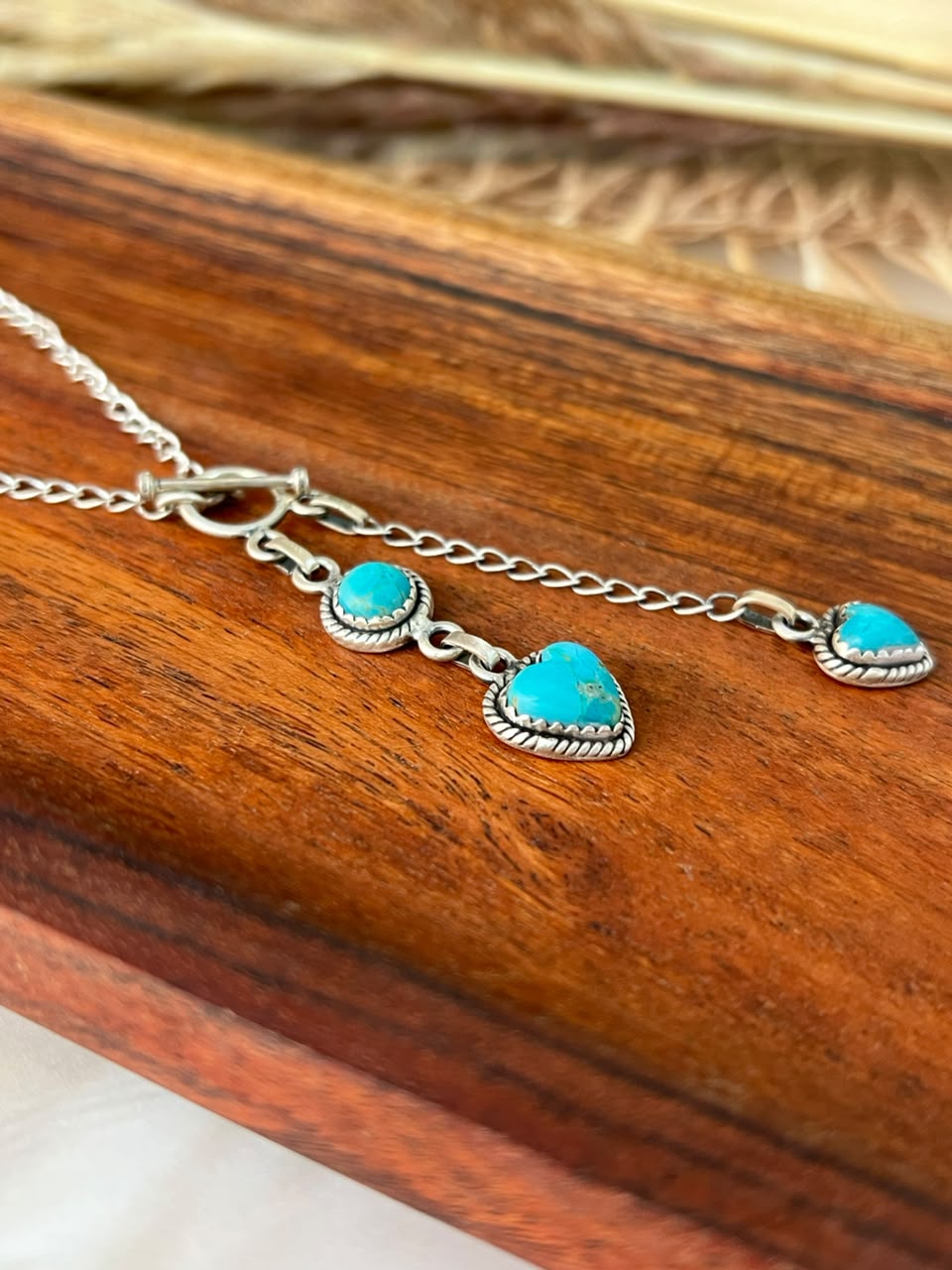 Handmade Sterling Silver Kingman Turquoise Heart Lariat Necklace Signed Nizhoni