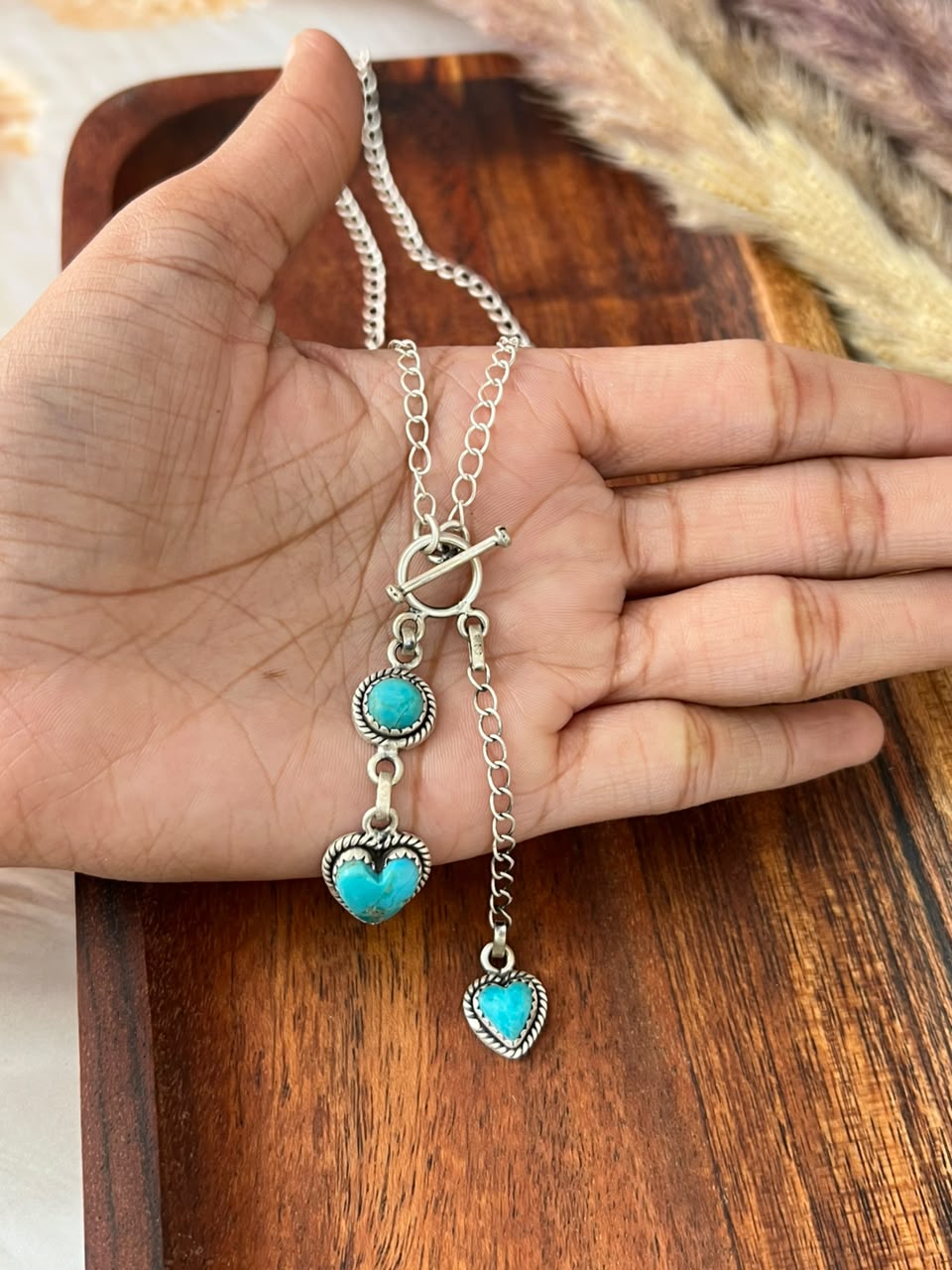 Handmade Sterling Silver Kingman Turquoise Heart Lariat Necklace Signed Nizhoni
