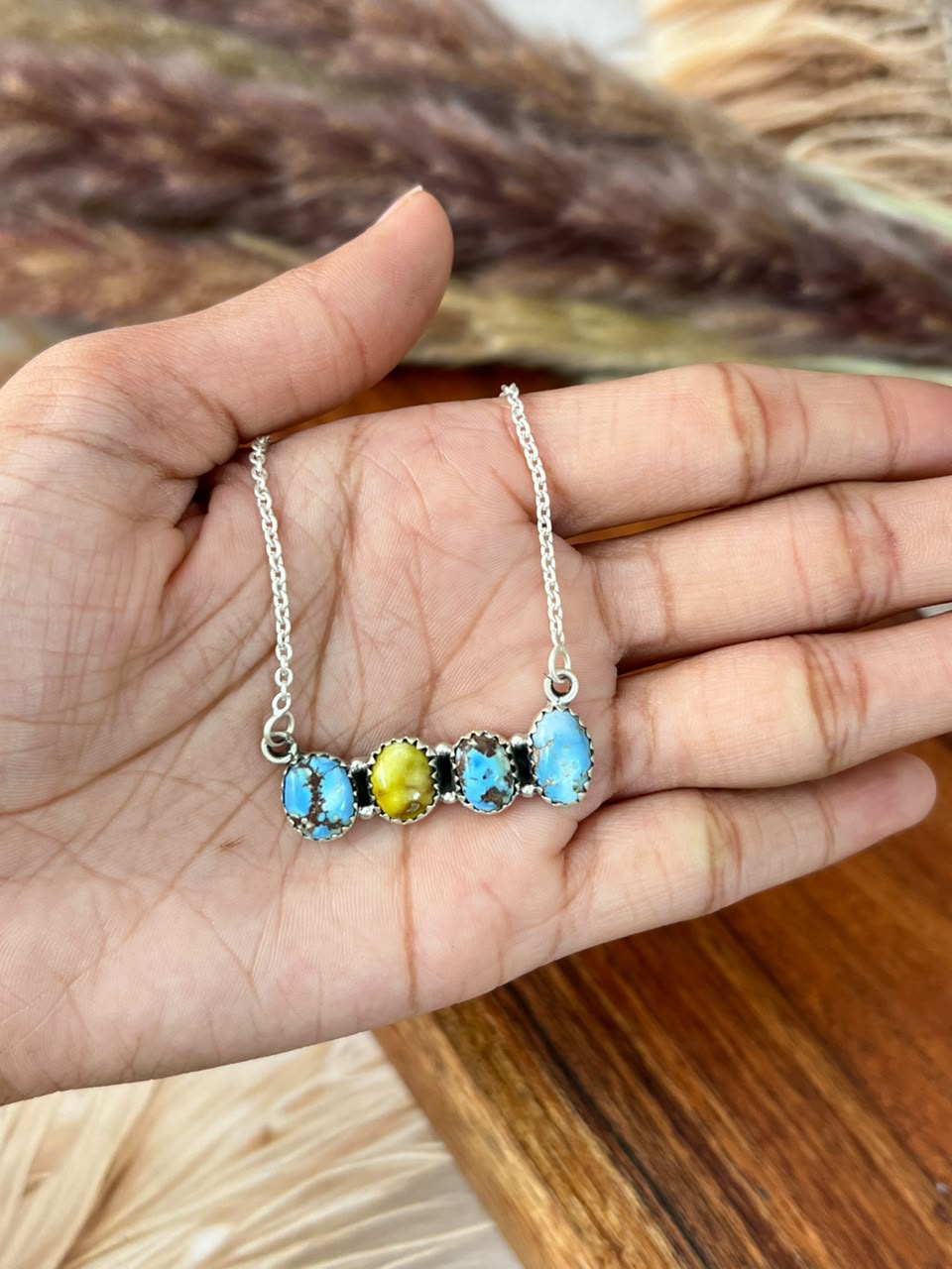 Handmade Sterling Silver Palomino with Golden Hills Turquoise Necklace Signed Nizhoni