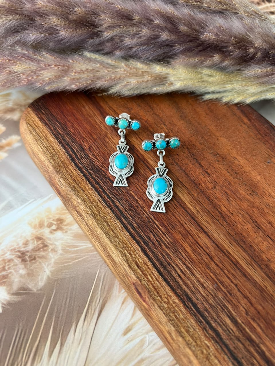 Handmade Sterling Silver Kingman Turquoise Post Dangle Earrings Signed Nizhoni