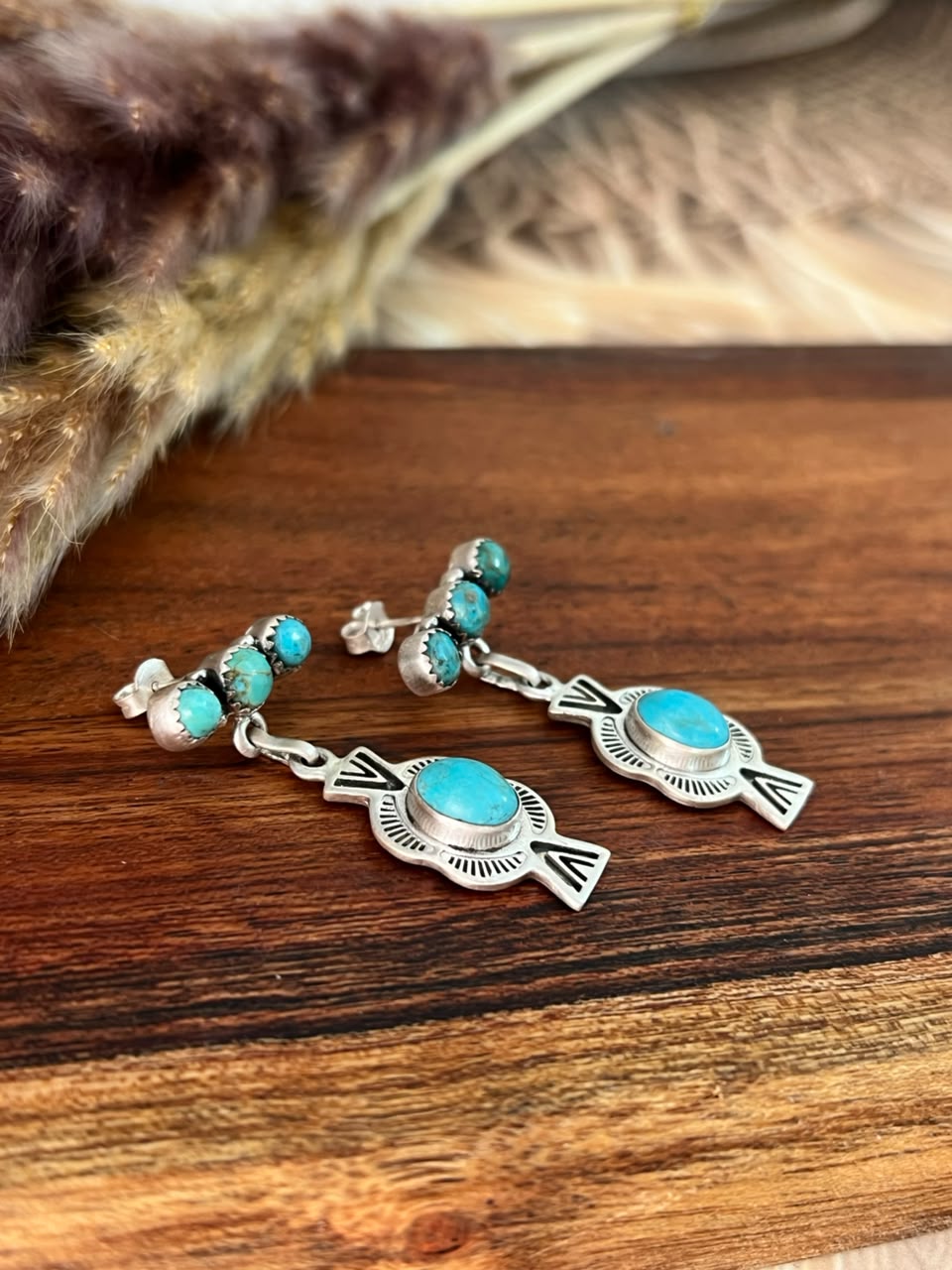 Handmade Sterling Silver Kingman Turquoise Post Dangle Earrings Signed Nizhoni