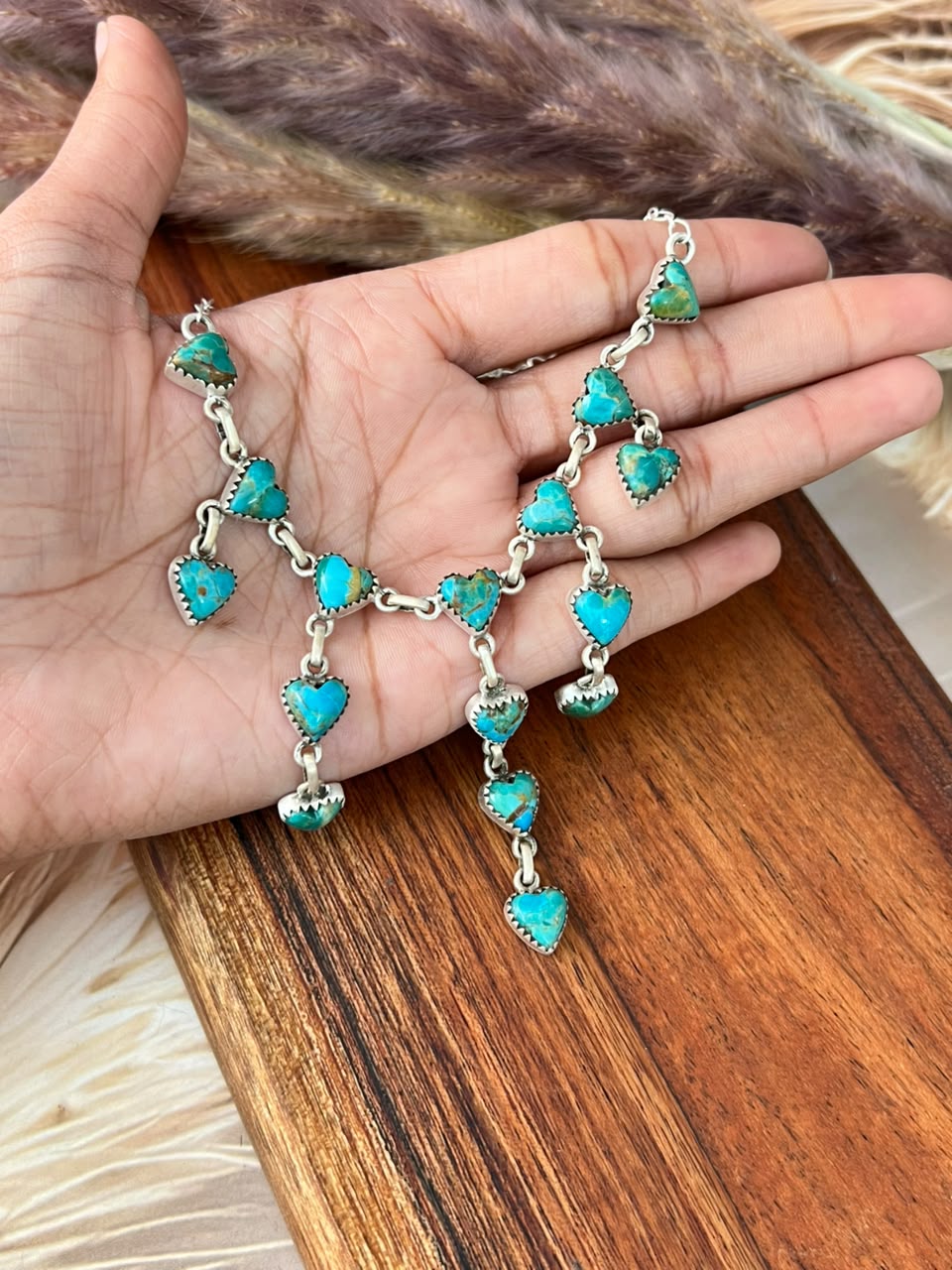 Handmade Sterling Silver Kingman Turquoise Heart Choker Necklace Signed Nizhoni