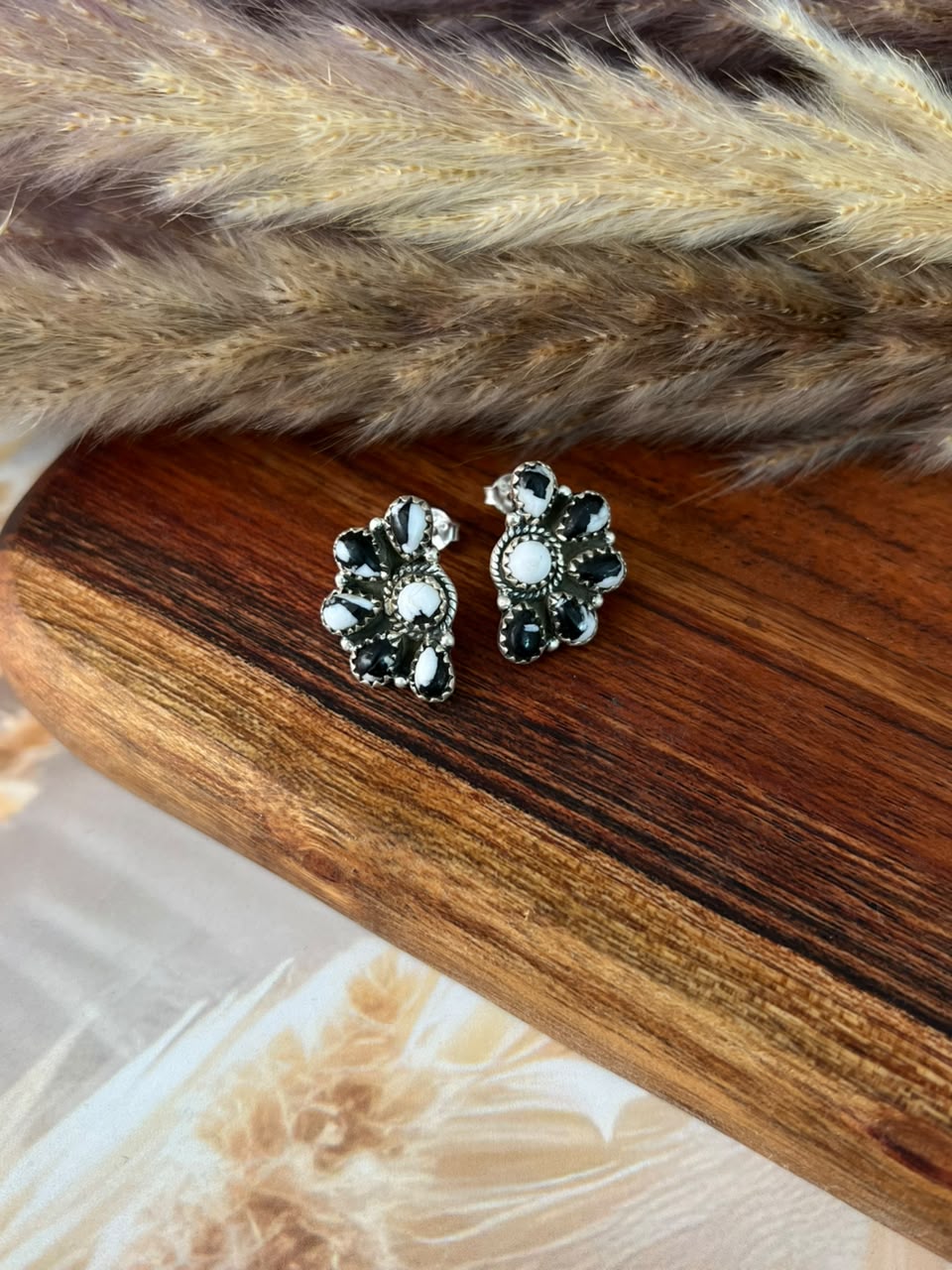 Handmade Sterling Silver White Buffalo Post Studs Earrings Signed Nizhoni