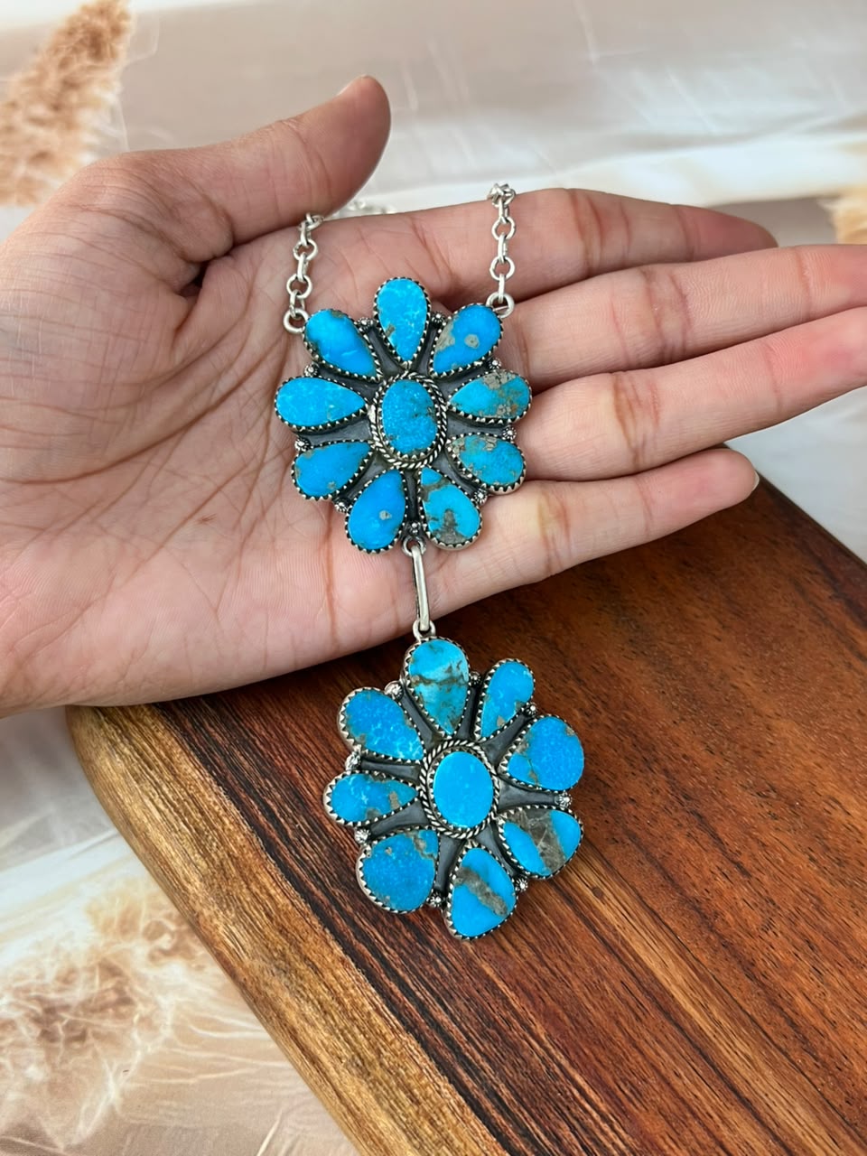 Handmade Sterling Silver Blue Kingman Turquoise Necklace Signed Nizhoni