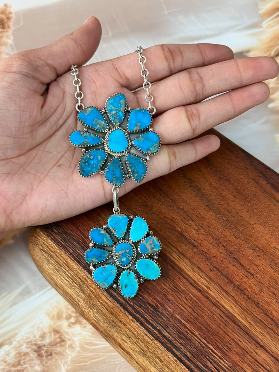 Handmade Sterling Silver Blue Kingman Turquoise Necklace Signed Nizhoni