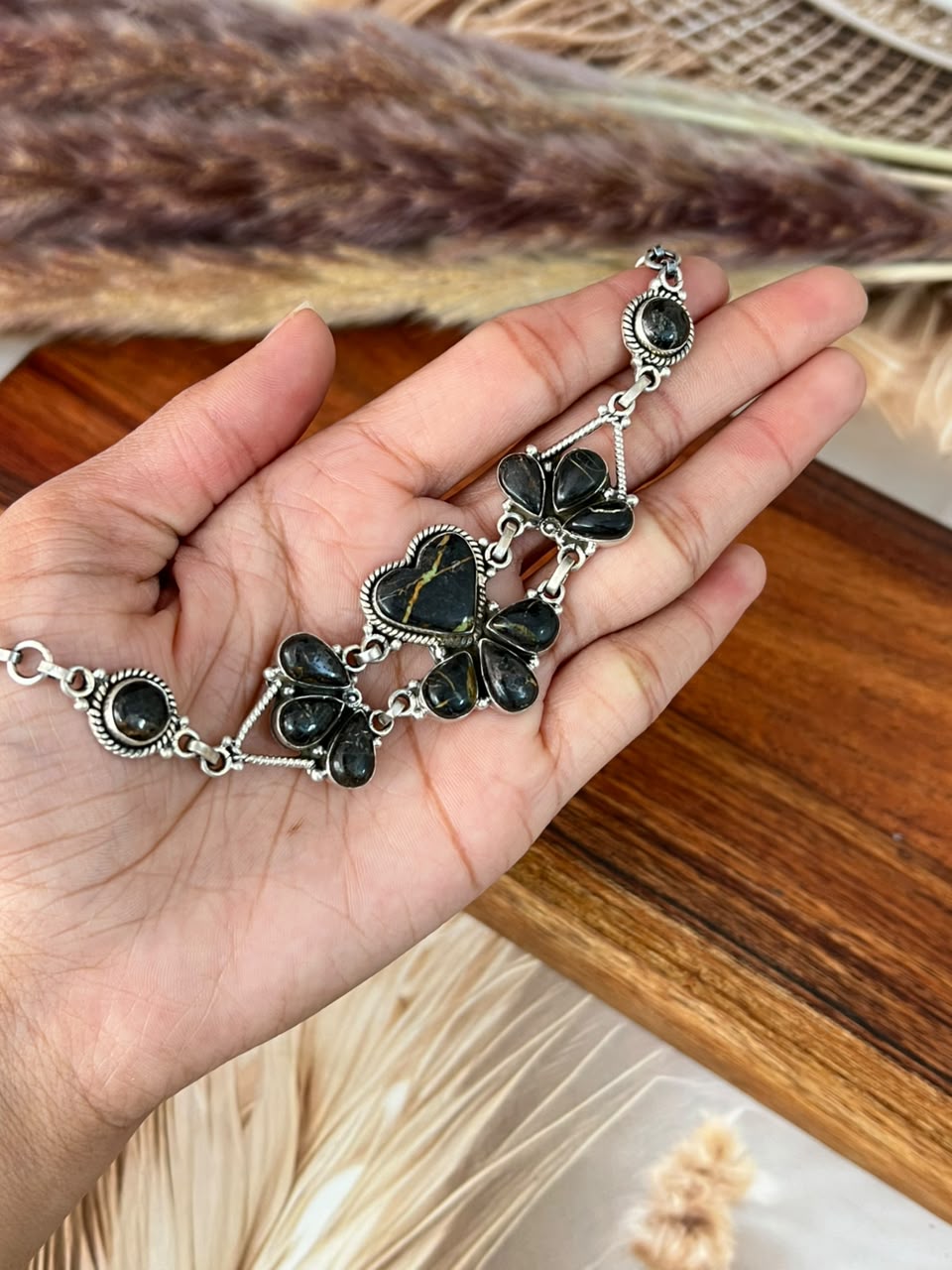 Handmade Sterling Silver Blackjack Turquoise Chain Bracelet Signed Nizhoni