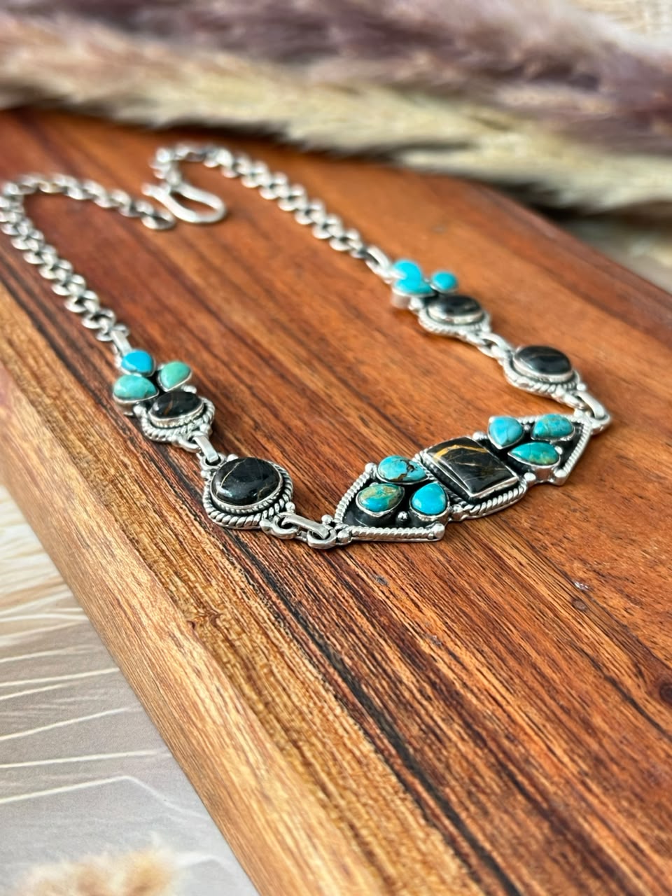 Handmade Sterling Silver Blackjack with Kingman Turquoise Necklace Signed Nizhoni