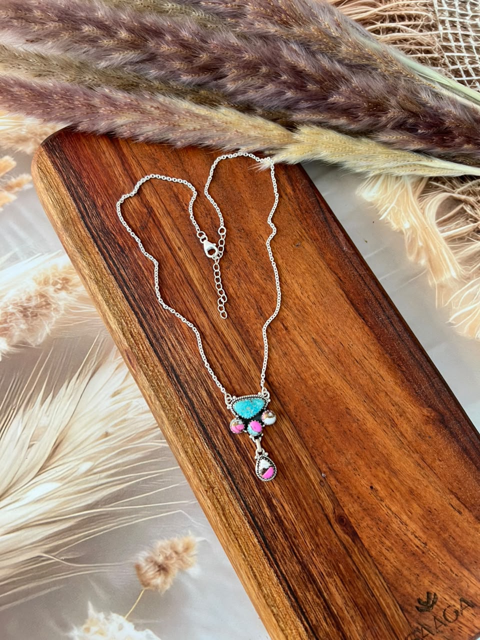 Handmade Sterling Silver Cotton Candy with White Water Turquoise Necklace Signed Nizhoni