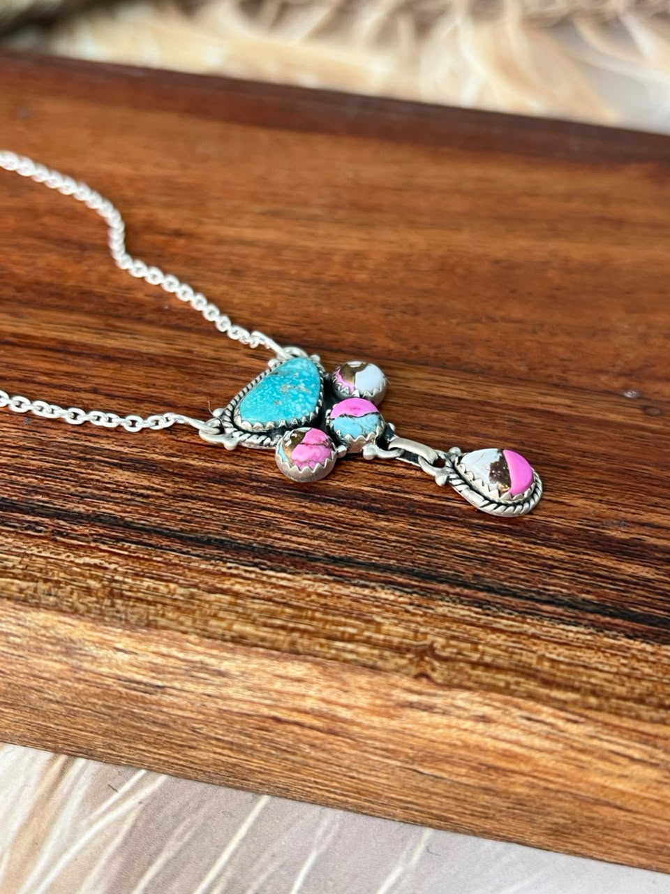 Handmade Sterling Silver Cotton Candy with White Water Turquoise Necklace Signed Nizhoni