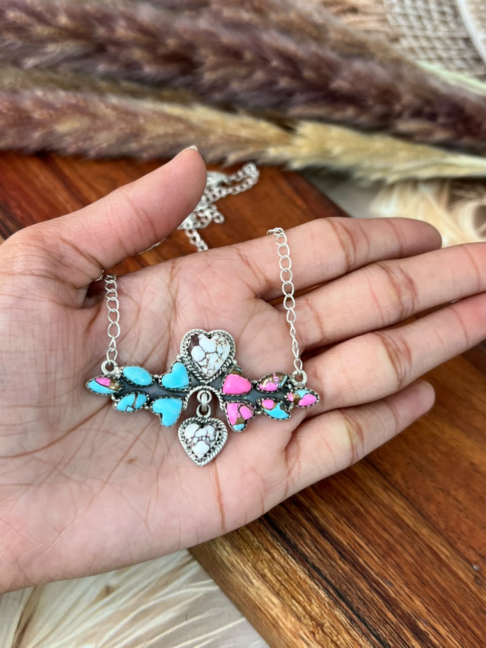 Handmade Sterling Silver Cotton Candy with Wild Horse Necklace Signed Nizhoni