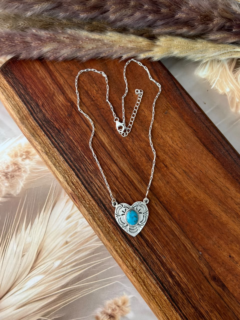 Handmade Sterling Silver Kingman Turquoise Heart Necklace Signed Nizhoni